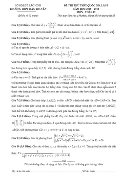 đề thi thử thpt quốc gia môn toán 2016 lần 1 trường thpt hàn thuyên – bắc ninh