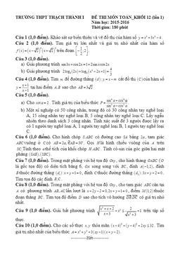 đề thi thử thpt quốc gia môn toán 2016 lần 1 trường thpt thạch thành 1 – thanh hóa
