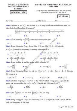 đề thi thử tn thpt 2024 lần 1 môn toán trường chuyên lê khiết – quảng ngãi