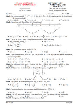 đề thi thử tn thpt 2024 lần 1 môn toán trường thpt minh châu – hưng yên