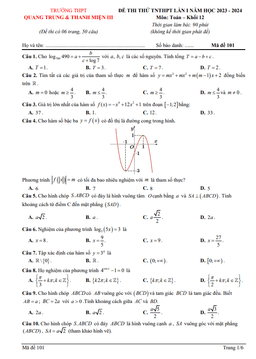 đề thi thử toán tn 2024 lần 1 trường thpt quang trung & thanh miện 3 – hải dương