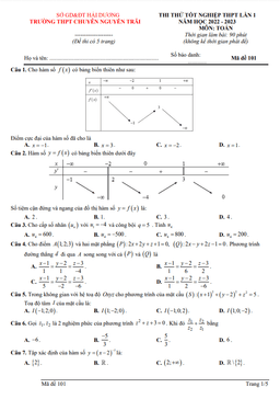 đề thi thử toán tn thpt 2023 lần 1 trường chuyên nguyễn trãi – hải dương