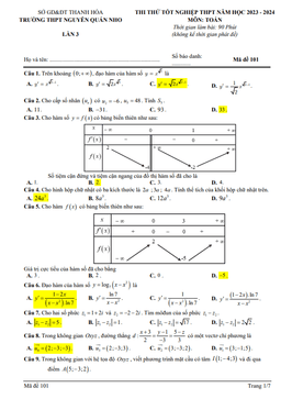đề thi thử toán tn thpt 2024 lần 3 trường thpt nguyễn quán nho – thanh hóa