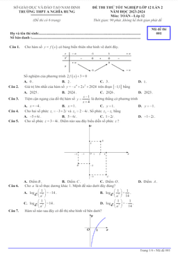đề thi thử toán tốt nghiệp thpt 2024 lần 2 trường thpt a nghĩa hưng – nam định
