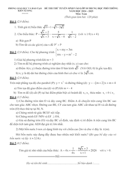 đề thi thử toán tuyển sinh lớp 10 năm 2024 – 2025 phòng gd&đt kiến xương – thái bình