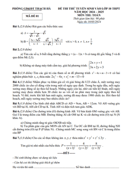 đề thi thử toán tuyển sinh lớp 10 năm 2024 – 2025 phòng gd&đt thạch hà – hà tĩnh