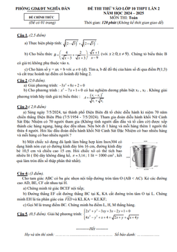 đề thi thử toán vào lớp 10 lần 2 năm 2024 – 2025 phòng gd&đt nghĩa đàn – nghệ an