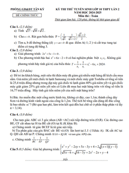 đề thi thử toán vào lớp 10 lần 2 năm 2024 – 2025 phòng gd&đt tân kỳ – nghệ an