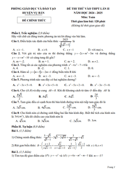 đề thi thử toán vào thpt lần 2 năm 2024 – 2025 phòng gd&đt vụ bản – nam định