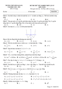 đề thi thử tốt nghiệp thpt 2020 môn toán lần 4 trường thpt hồng quang – hải dương