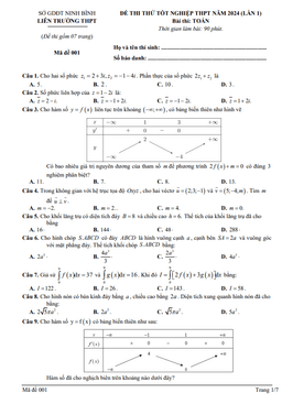 đề thi thử tốt nghiệp thpt 2024 môn toán lần 1 liên trường thpt – ninh bình