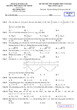 đề thi thử tốt nghiệp thpt 2024 môn toán trường thpt phan chu trinh – đắk lắk
