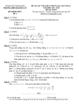 đề thi thử tuyển sinh lớp 10 thpt năm học 2017 – 2018 môn toán trường thpt đào duy từ – thanh hóa