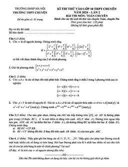 đề thi thử vào 10 chuyên môn toán (chuyên) năm 2024 lần 2 trường chuyên đhsp hà nội