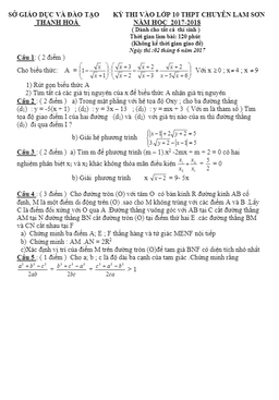 đề thi tuyển sinh lớp 10 năm học 2017 – 2018 môn toán trường thpt chuyên lam sơn – thanh hóa