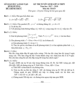 đề thi tuyển sinh lớp 10 thpt năm học 2017 – 2018 môn toán sở gd và đt bình dương