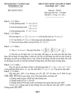 đề thi tuyển sinh lớp 10 thpt năm học 2017 – 2018 môn toán sở gd và đt đồng nai