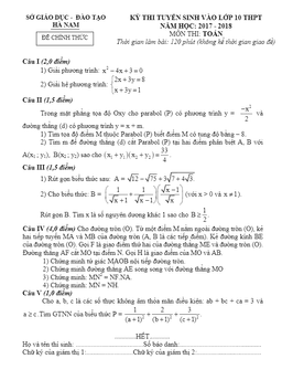 đề thi tuyển sinh lớp 10 thpt năm học 2017 – 2018 môn toán sở gd và đt hà nam