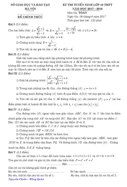 đề thi tuyển sinh lớp 10 thpt năm học 2017 – 2018 môn toán sở gd và đt hà nội