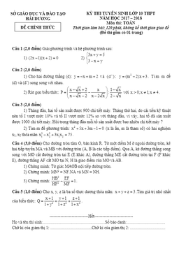 đề thi tuyển sinh lớp 10 thpt năm học 2017 – 2018 môn toán sở gd và đt hải dương