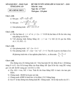 đề thi tuyển sinh lớp 10 thpt năm học 2017 – 2018 môn toán sở gd và đt long an