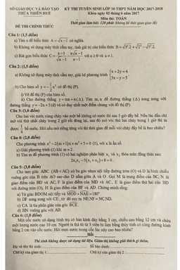 đề thi tuyển sinh lớp 10 thpt năm học 2017 – 2018 môn toán sở gd và đt thừa thiên huế