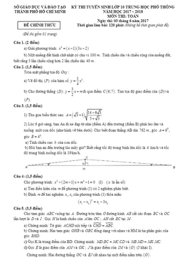 đề thi tuyển sinh lớp 10 thpt năm học 2017 – 2018 môn toán sở gd và đt tp. hcm