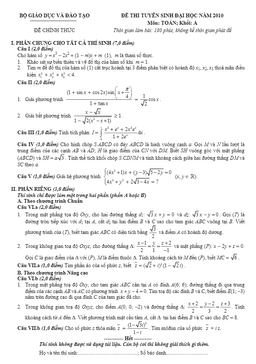 đề thi và đáp án môn toán khối a năm 2010