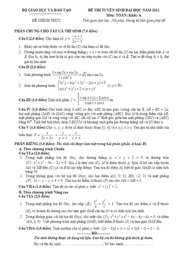đề thi và đáp án môn toán khối a năm 2011