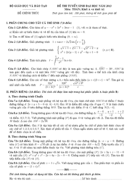 đề thi và đáp án môn toán khối a năm 2013