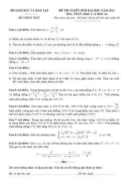 đề thi và đáp án môn toán khối a năm 2014