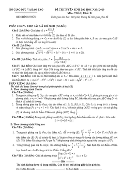 đề thi và đáp án môn toán khối b năm 2010