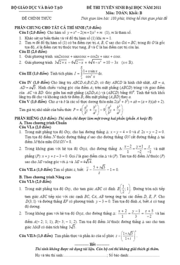 đề thi và đáp án môn toán khối b năm 2011