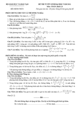đề thi và đáp án môn toán khối d năm 2011