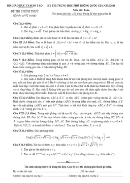đề thi và đáp án môn toán kì thi thpt quốc gia 2016
