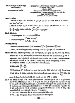 đề thi vào lớp 10 môn toán (chuyên) năm 2024 – 2025 trường chuyên lam sơn – thanh hóa