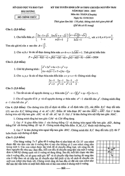 đề thi vào lớp 10 toán (chuyên) năm 2024 – 2025 trường chuyên nguyễn trãi – hải dương