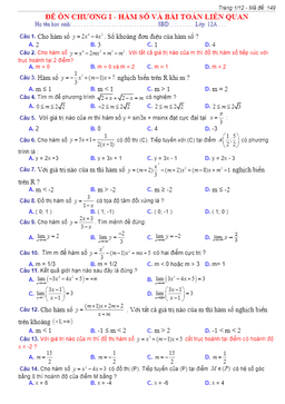 đề trắc nghiệm ôn tập hàm số và bài toán liên quan – trần thanh minh