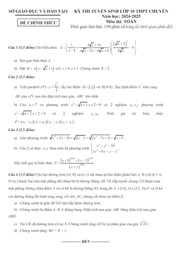 đề tuyển sinh lớp 10 chuyên môn toán năm 2024 – 2025 sở gd&đt bình dương