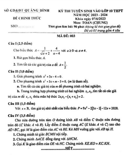 đề tuyển sinh lớp 10 môn toán (chung) năm 2023 – 2024 sở gd&đt quảng bình