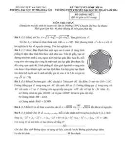 đề tuyển sinh lớp 10 môn toán (chung) năm 2024 trường thpt chuyên đhsp hà nội