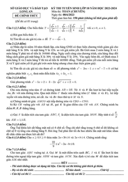 đề tuyển sinh lớp 10 môn toán (chuyên) năm 2023 – 2024 sở gd&đt long an