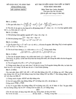 đề tuyển sinh lớp 10 môn toán (chuyên) năm 2024 – 2025 sở gd&đt đồng nai