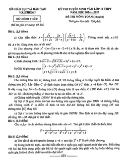 đề tuyển sinh lớp 10 môn toán (chuyên) năm 2024 – 2025 sở gd&đt hải phòng