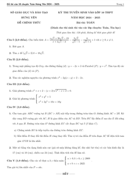 đề tuyển sinh lớp 10 môn toán (chuyên) năm 2024 – 2025 sở gd&đt hưng yên