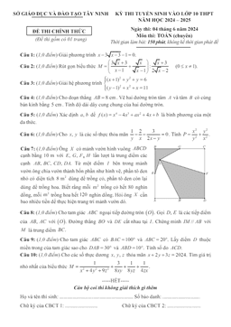đề tuyển sinh lớp 10 môn toán (chuyên) năm 2024 – 2025 sở gd&đt tây ninh
