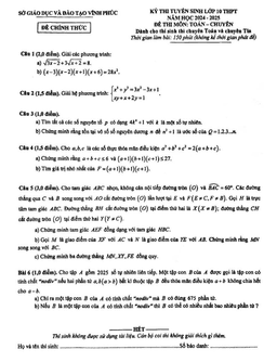 đề tuyển sinh lớp 10 môn toán (chuyên) năm 2024 – 2025 sở gd&đt vĩnh phúc