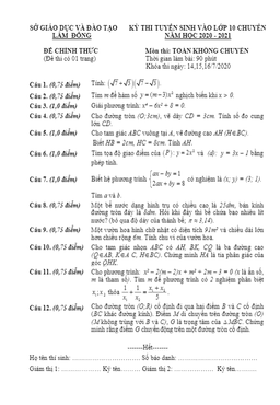 đề tuyển sinh lớp 10 thpt môn toán năm 2020 – 2021 sở gd&đt lâm đồng