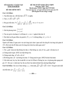 đề tuyển sinh lớp 10 thpt môn toán năm 2020 – 2021 sở gd&đt ninh bình
