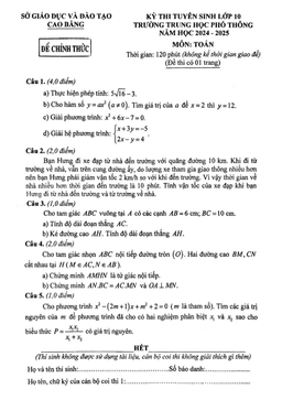 đề tuyển sinh lớp 10 thpt môn toán năm 2024 – 2025 sở gd&đt cao bằng
